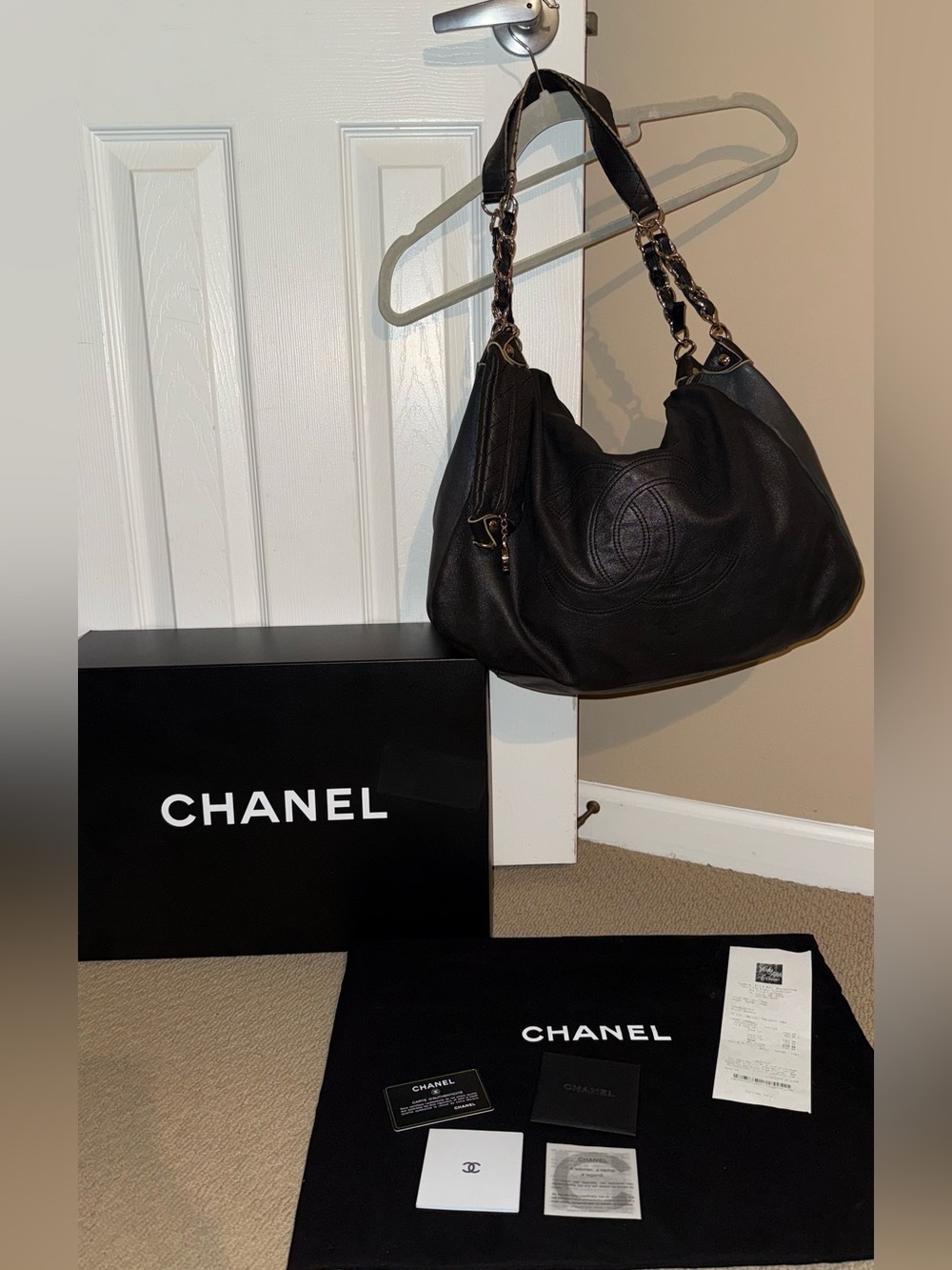 Authentic Chanel Black Soft Edgy Hobo bag purse lambskin leather CC